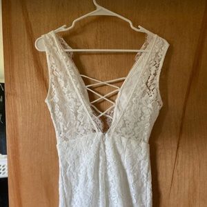 White Eyelash Lace Up Plunge Mini Dress